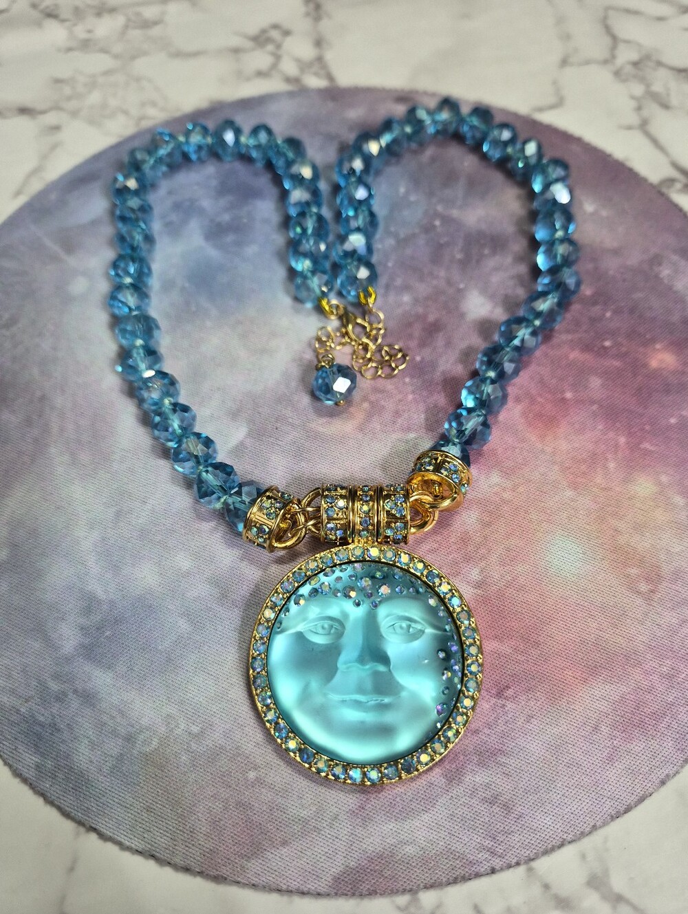 Frosted Blue Moon Face Necklace